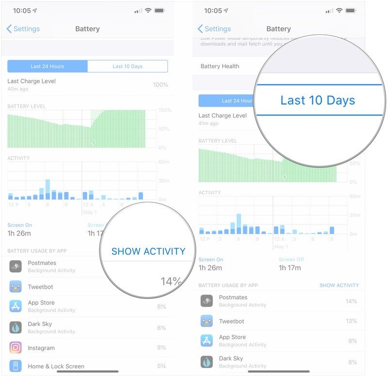 Battery troubleshooting showing how to get details of what's using the battery by tapping Show Activity then tapping a timeframe