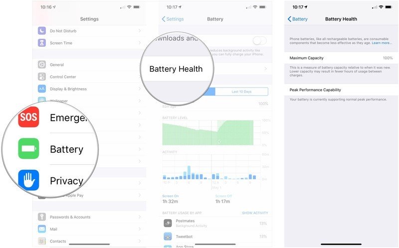 Battery troubleshooting showing how to check your iPhone's battery health by tapping Battery in Settings and tapping Battery Health