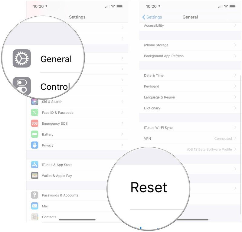 Battery troubleshooting showing how to reset your iPhone by tapping General in Settings, then tapping Reset
