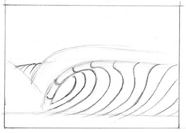 Face of the wave: draw more flow lines making sure they become less steep as they move away from the pocket toward the shoulder of the wave | Illustration Bob Penuelas