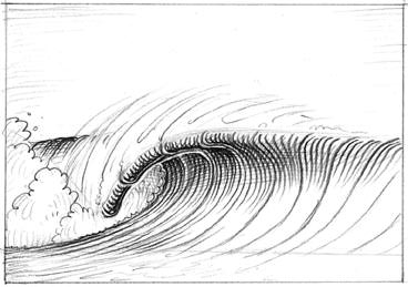 Shadow of the wave: draw small and gradually darker contour lines as they get closer into the tube and below the falling lip | Illustration Bob Penuelas