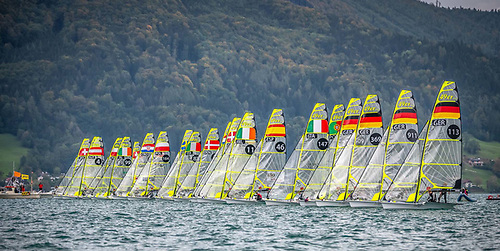 The Lake Attersee fleet line up for a 49er Euros start Photo: Tobias Stoerkle