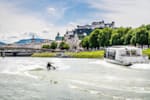 Wakeboarder Dominik Hernler performs on the Salzach River in Salzburg, Austria during filming of his video Sound of Wake.