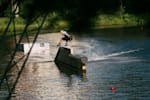 Wakeboarder Felix Georgii Jumps rides a rail during the filming for We're Open at The Bricks Wakepark in Duisburg, Germany on August 27, 2020.